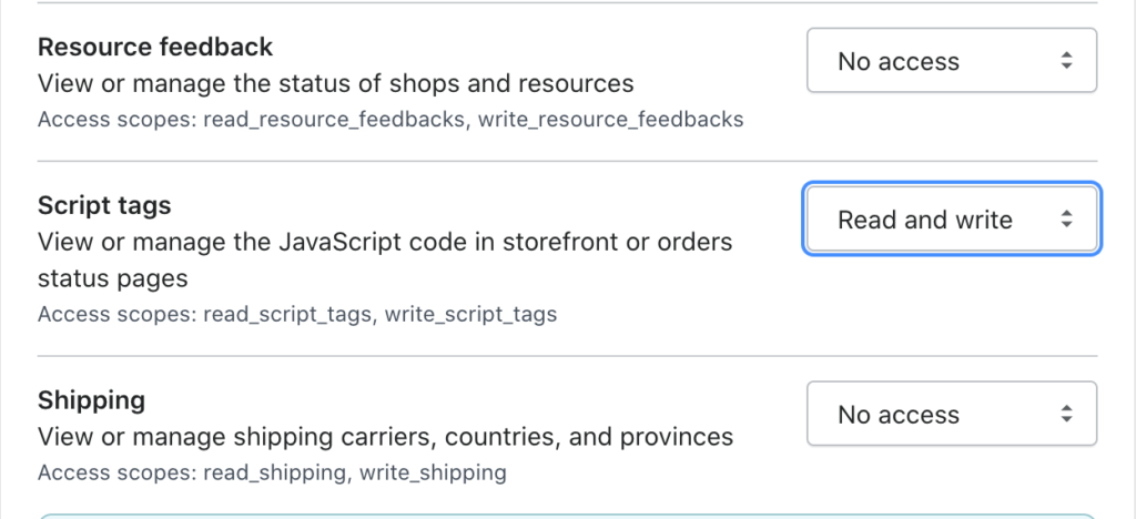 Изменение разрешений параметра Теги скриптов на чтение и запись в настройках Shopify