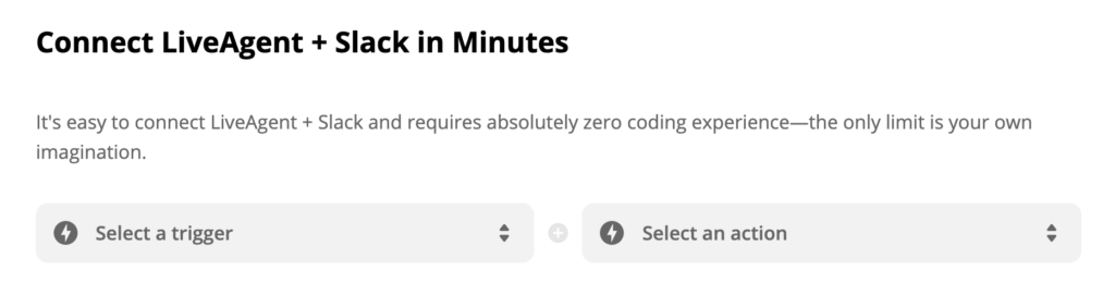 Выбор триггера и действия при интеграции LiveAgent + Slack в системе Zapier
