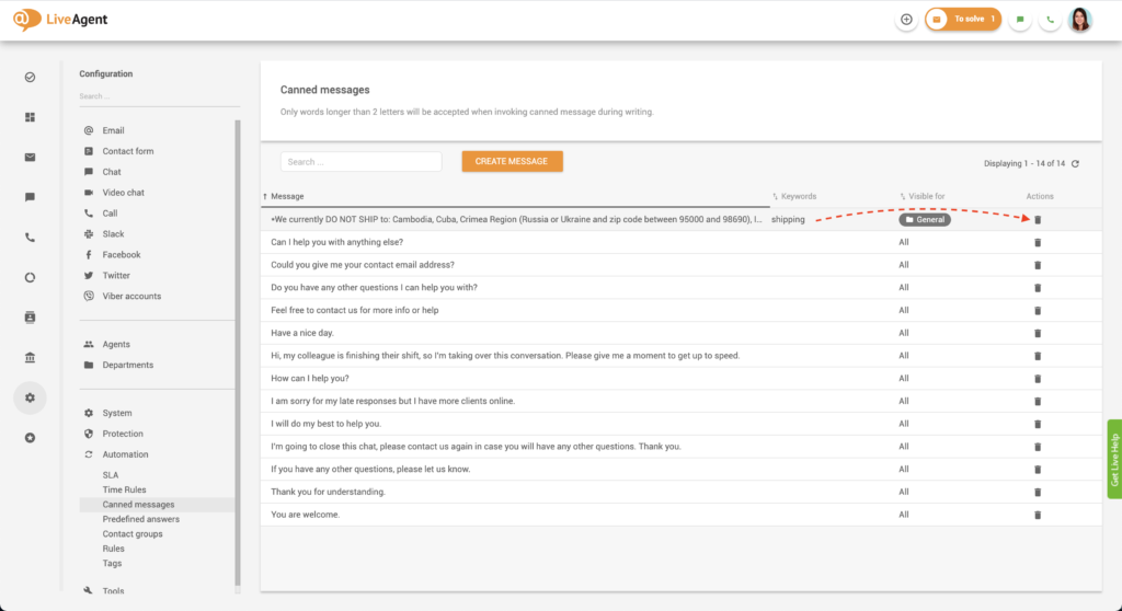 удаление заготовки сообщения
