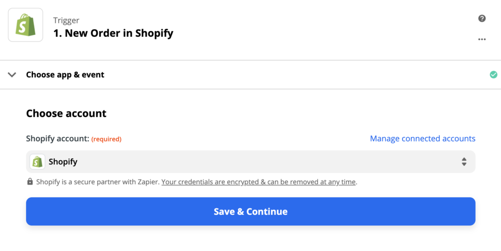 Настройка триггера Shopify на сайте Zapier