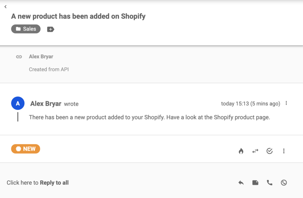 Новый тикет, полученный из Shopify после  того, как там был создан новый товар