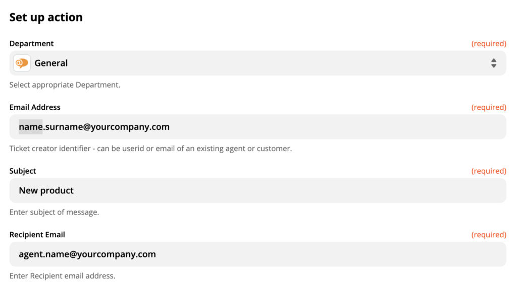 Настройка действия LiveAgent на сайте Zapier