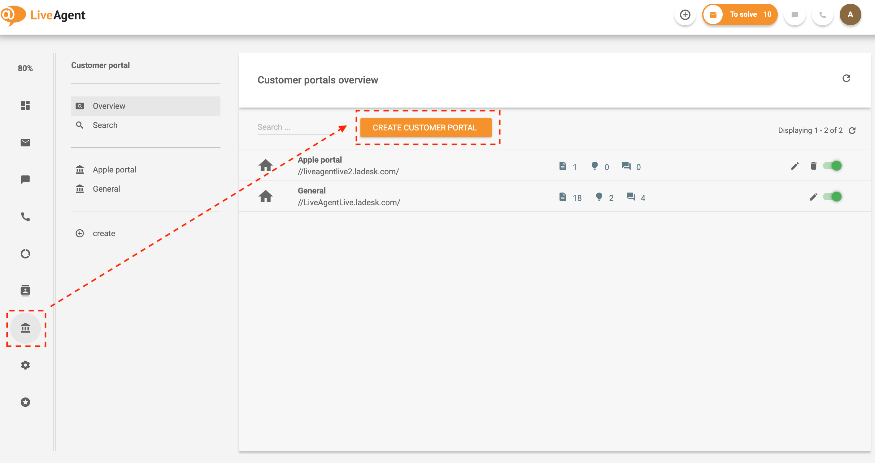Перейдите в базу знаний в LiveAgent