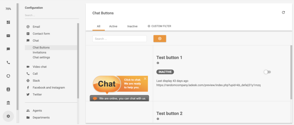 Выбор кнопок чата в конфигурации системы LiveAgent