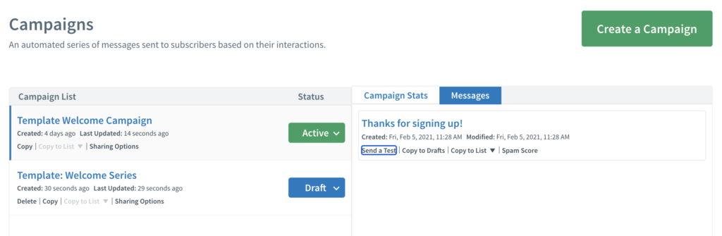 Предварительный просмотр кампаний AWeber