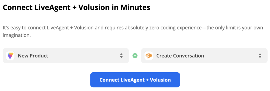 Выбранные в системе Zapier триггер Volusion Новый Товар и действие LiveAgent Новый Диалог