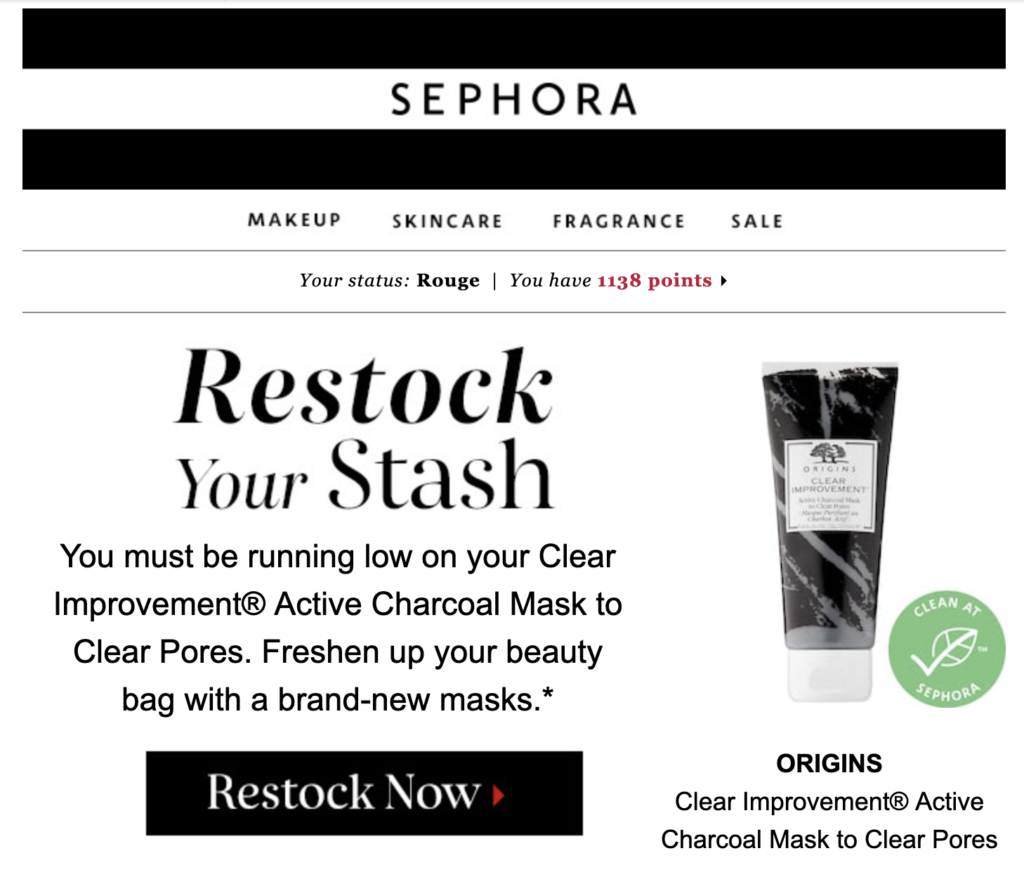 Шаблон сообщения электронной почты Sephora о пополнении запасов