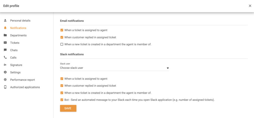 Параметры настройки уведомлений Slack в разделе редактировать профиль