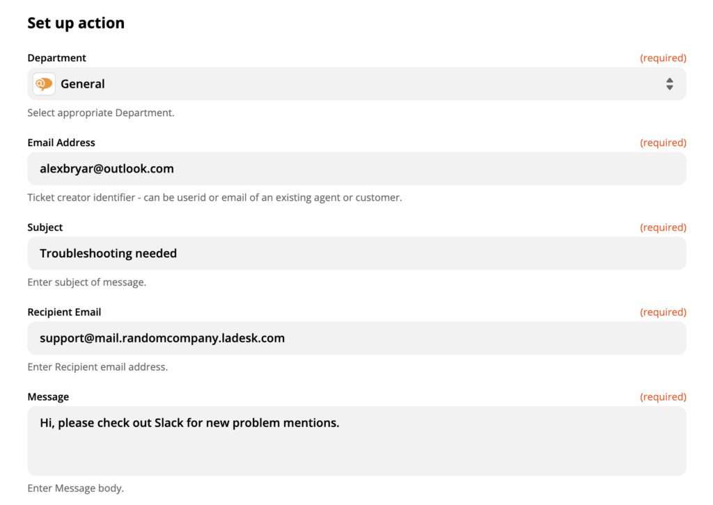 Пример настройки действия LiveAgent в системе Zapier