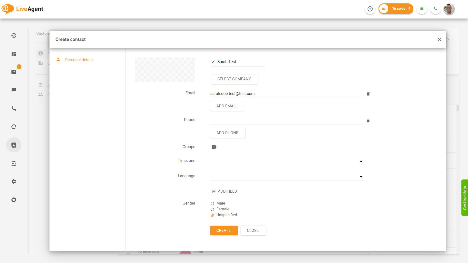 Бесплатная система Help Desk - LiveAgent - добавление контакта
