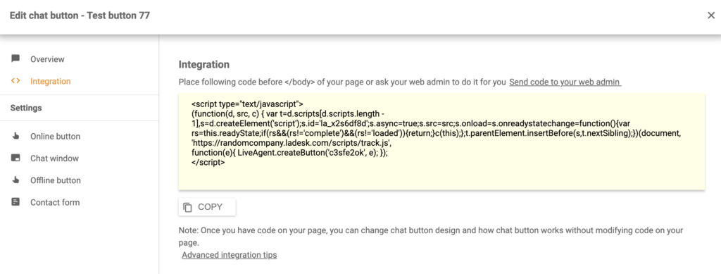 Код интеграции Shift4shop с LiveAgent