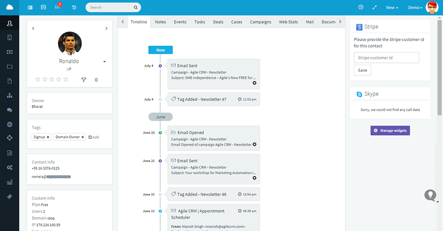 Панель управления Agile с контактными данными и шкалой времени